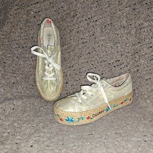 CAFE NOIR-Metallic Gold Fabric-Embroidered Espadrille Sneakers-Sz 37-Excellent